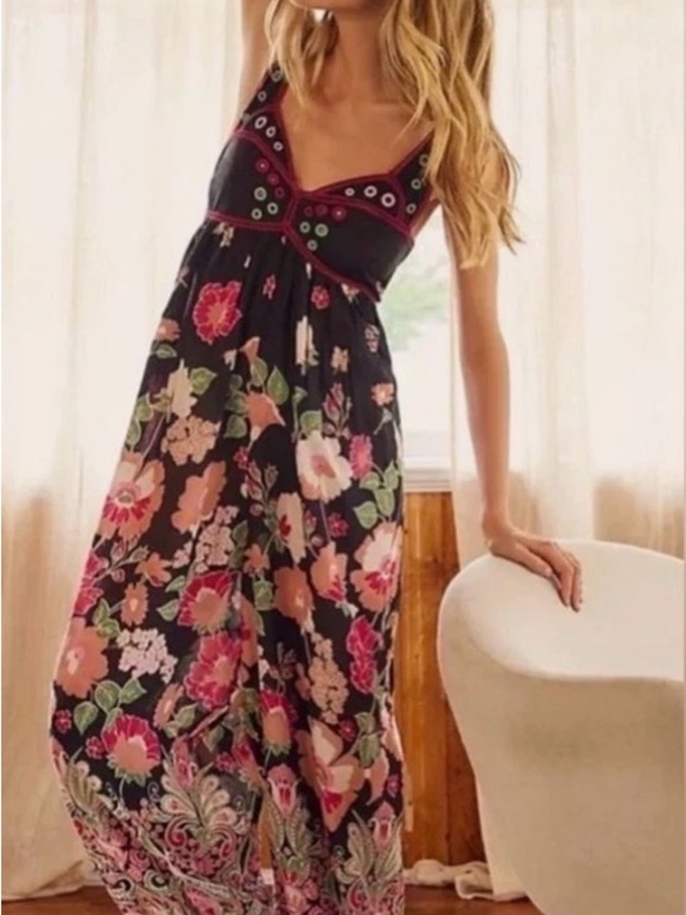 Anthropologie Black Floral Maxi Jumpsuit with Pink and Green Print